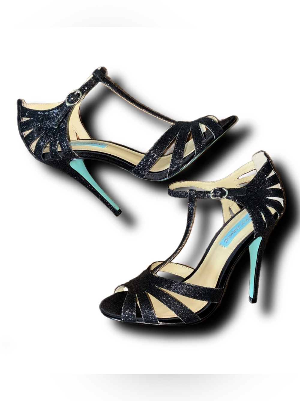 Betsey Johnson Black Glitter T-Strap Heel with Aqua Sole